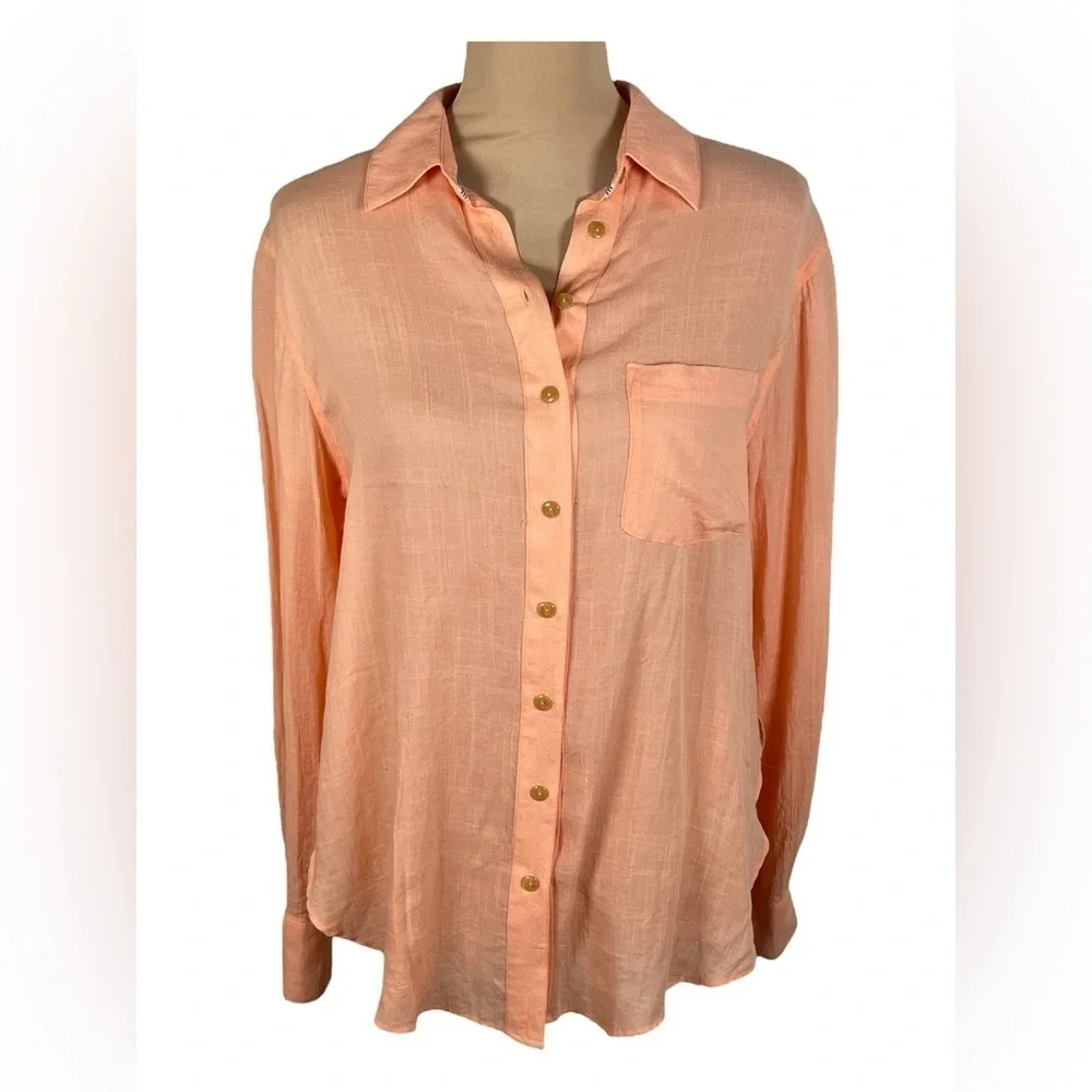 Free People Womens That's a Wrap Button Down Tie Front Shirt in Peach Coral Pink
